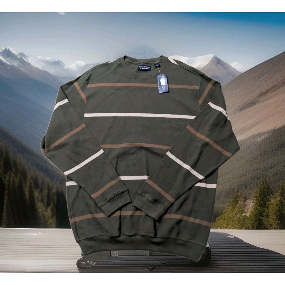 Roundtree & Yorke Crew Neck Pullover Sweater Mens Size L Olive Green Stripe NWT